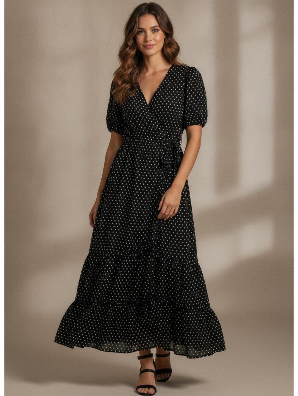 Knox Rose Black & White Dot Print Wrap Dress Size L Puff Sleeve Tiered Midi